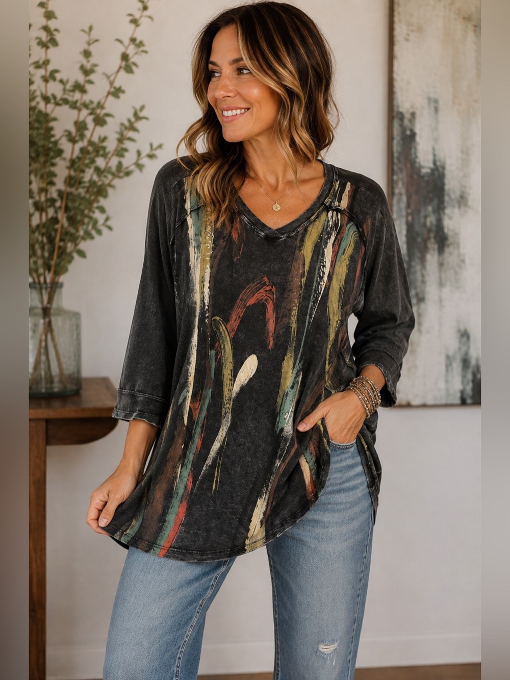 JESS & JANE small gray art to wear abstract tunic colorful Lagenlook stonewashed